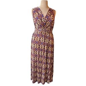 Spense Woman‎ Purple Ikat Geometric Braid Waist Sleeveless Maxi Dress 1X #1025